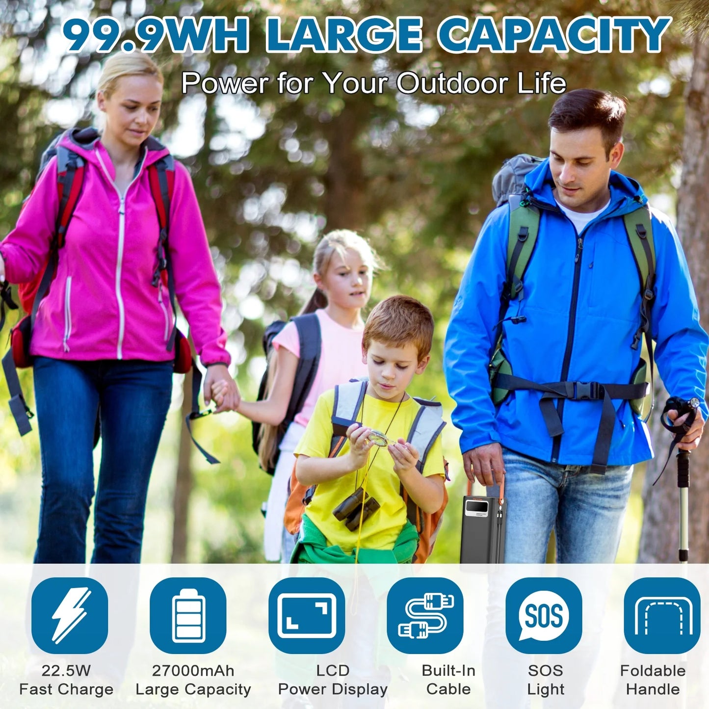 27000Mah Portable Charger Power Bank with Built-In Cables, 22.5W PD Fast Charge & Solar Input, 99Wh for Iphone Android Home Camping Emergency