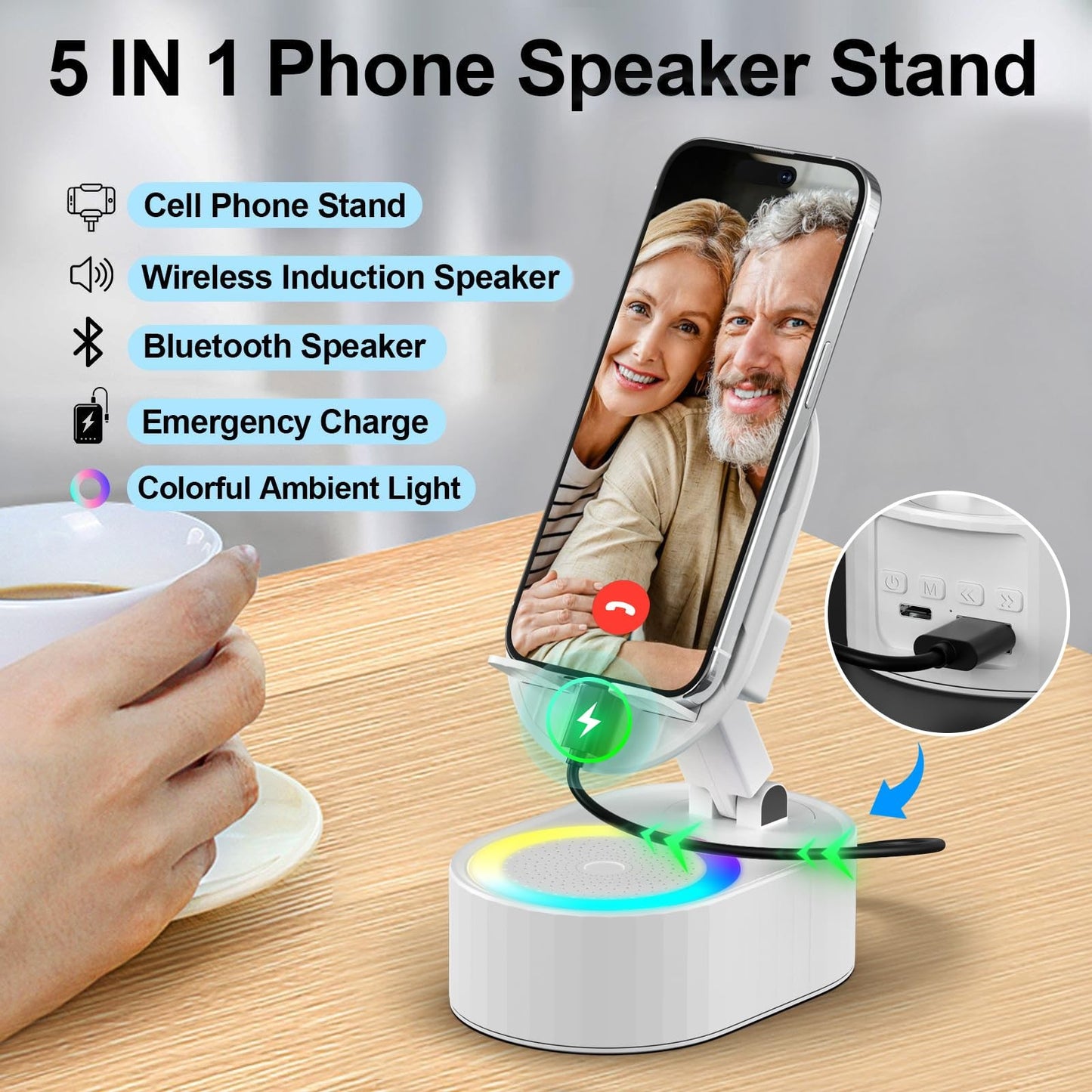 Wireless Induction Audio Bluetooth Speaker 5In1 Phone Holder Emergency Rechar...
