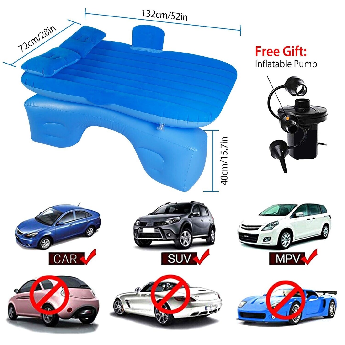 Inflatable Travel Car Mattress Air Bed Back Seat Sleep Rest Mat W/ 2 Pillow Pump
