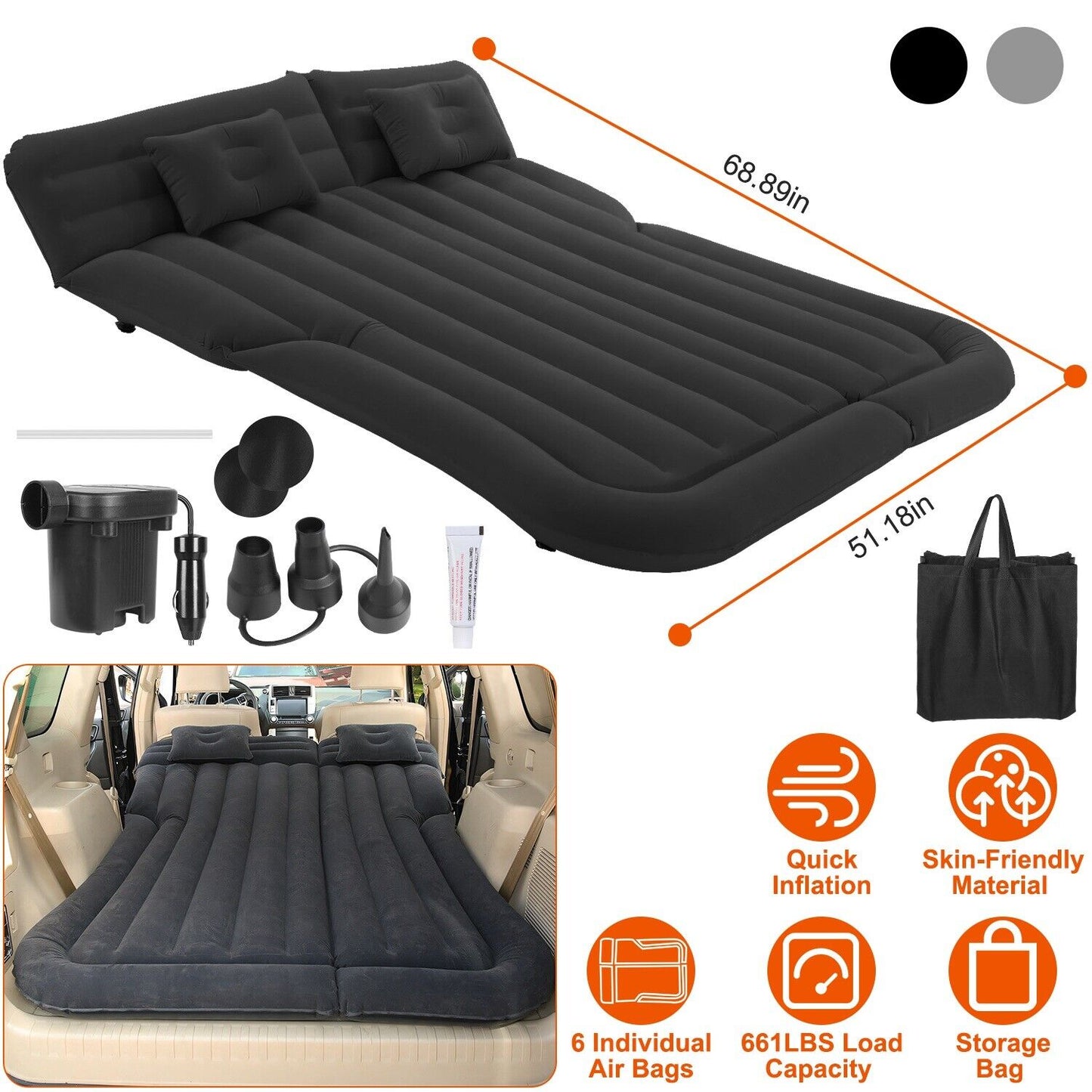 Inflatable Travel Car Mattress Air Bed Back Seat Sleep Rest Mat W/ 2 Pillow Pump