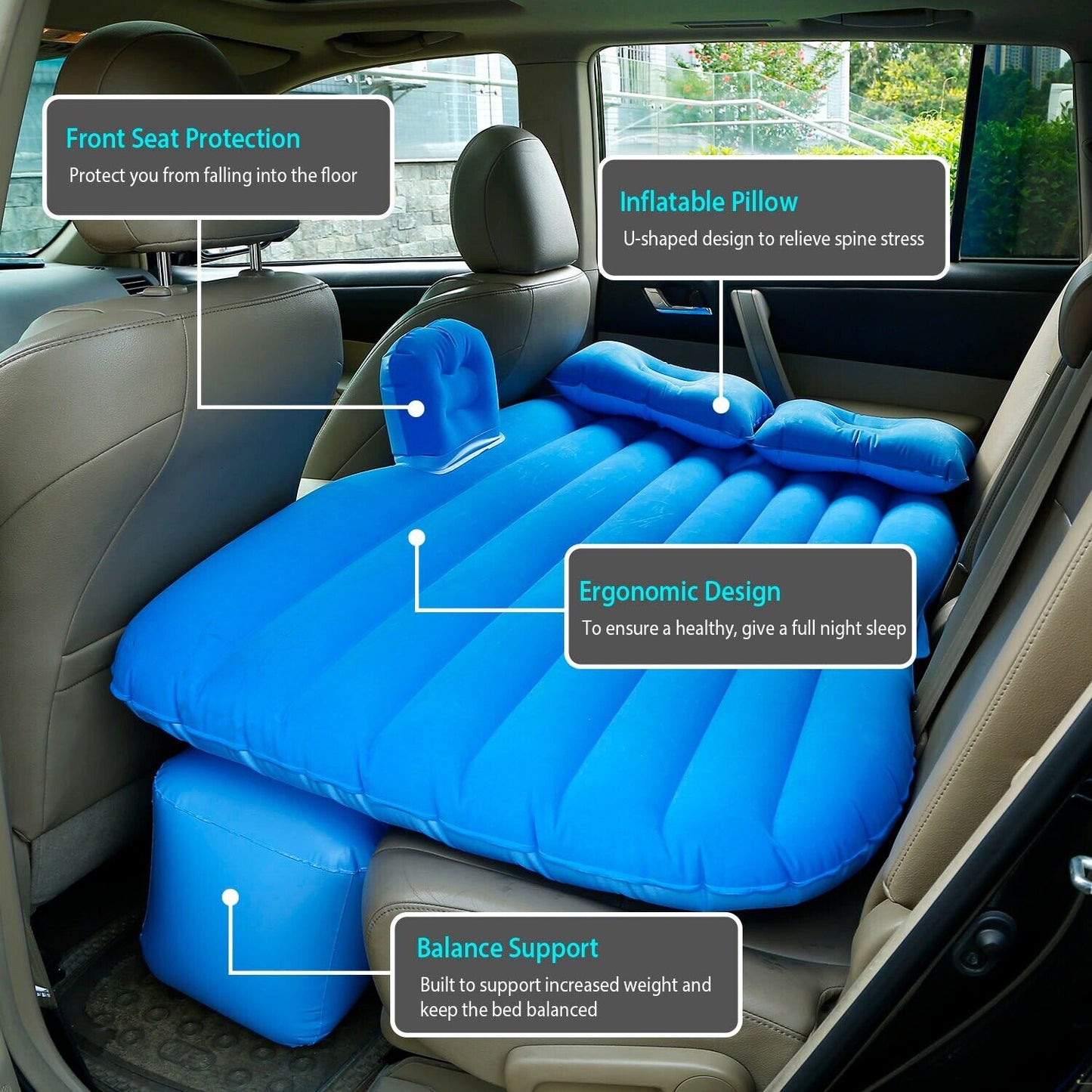 Inflatable Travel Car Mattress Air Bed Back Seat Sleep Rest Mat W/ 2 Pillow Pump