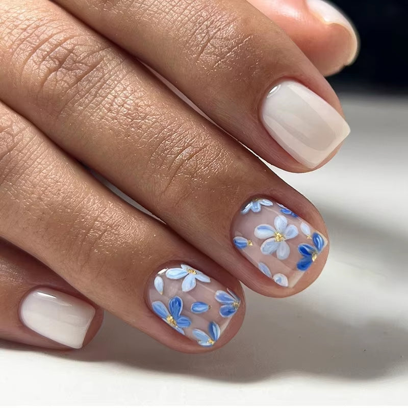 24Pcs/Set Short Square Fake Nails Fashion Geometric Nail Tips Blue Ocean Wave Stripe Glitter Flowers Press on False Nail Art Kit