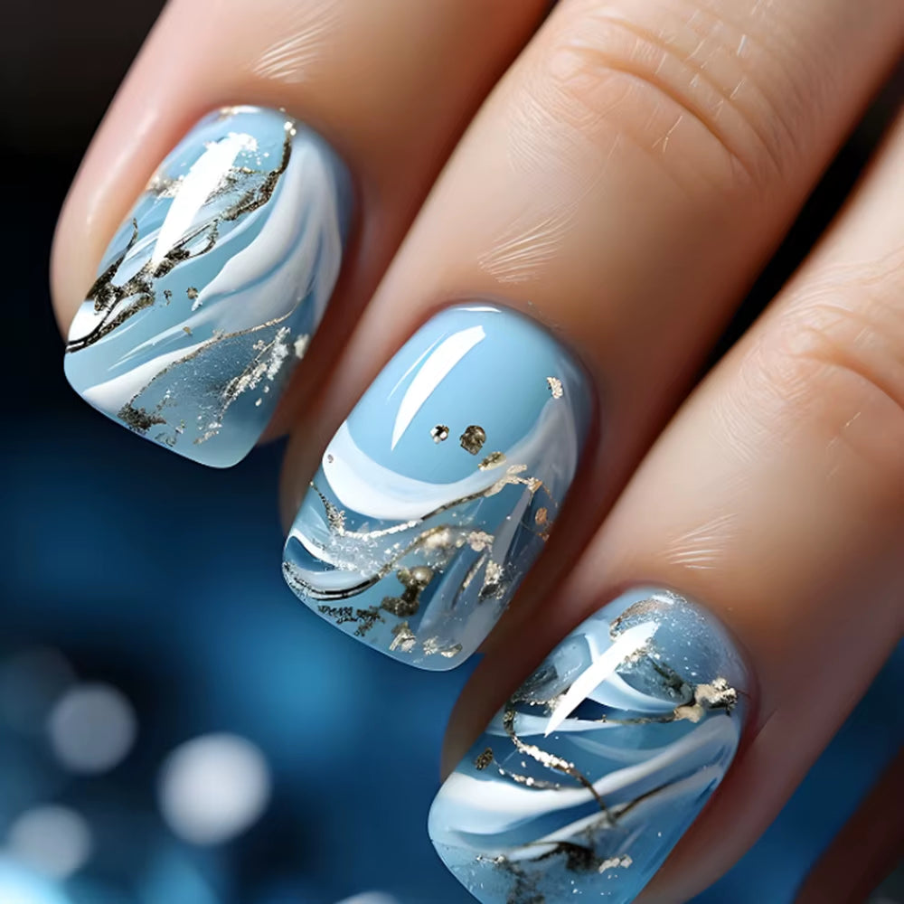 24Pcs/Set Short Square Fake Nails Fashion Geometric Nail Tips Blue Ocean Wave Stripe Glitter Flowers Press on False Nail Art Kit