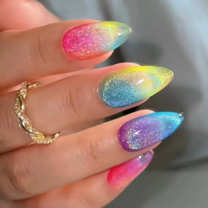 24Pcs/Set Short Square Fake Nails Fashion Geometric Nail Tips Blue Ocean Wave Stripe Glitter Flowers Press on False Nail Art Kit