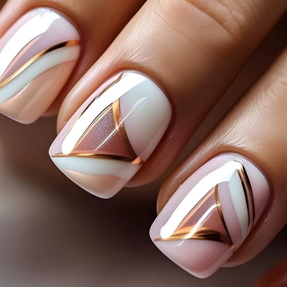 24Pcs/Set Short Square Fake Nails Fashion Geometric Nail Tips Blue Ocean Wave Stripe Glitter Flowers Press on False Nail Art Kit