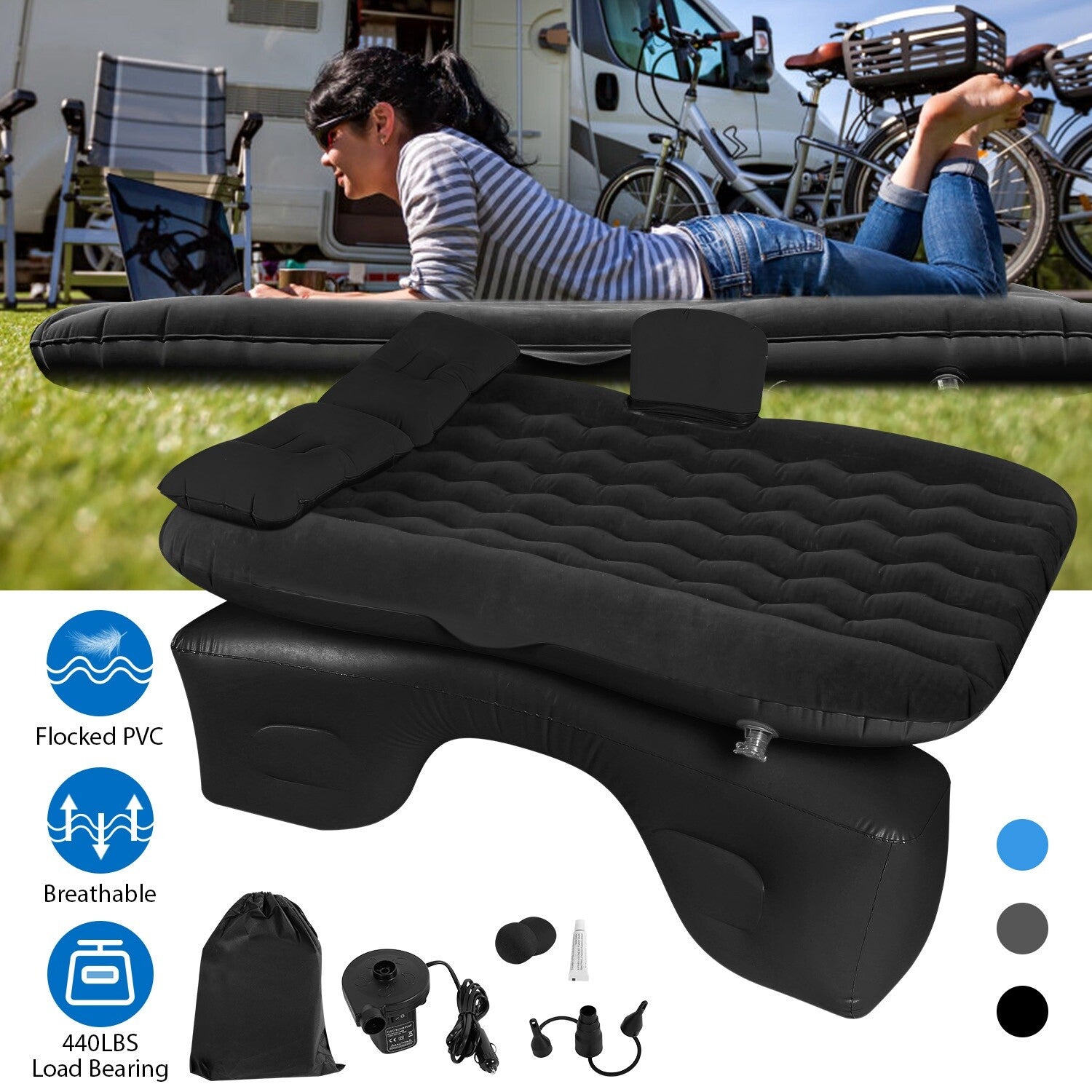 Inflatable Travel Car Mattress Air Bed Back Seat Sleep Rest Mat W/ 2 Pillow Pump