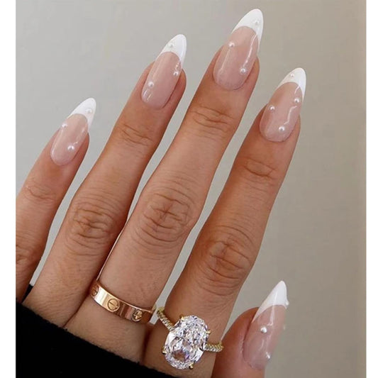 Almond Press on Nails,White French Tip Almond Nails Medium Fake/False Nails with Pearl Nails Press on Designs Acrylic Artificial Nails Stick on Nails for Women 24Pcs