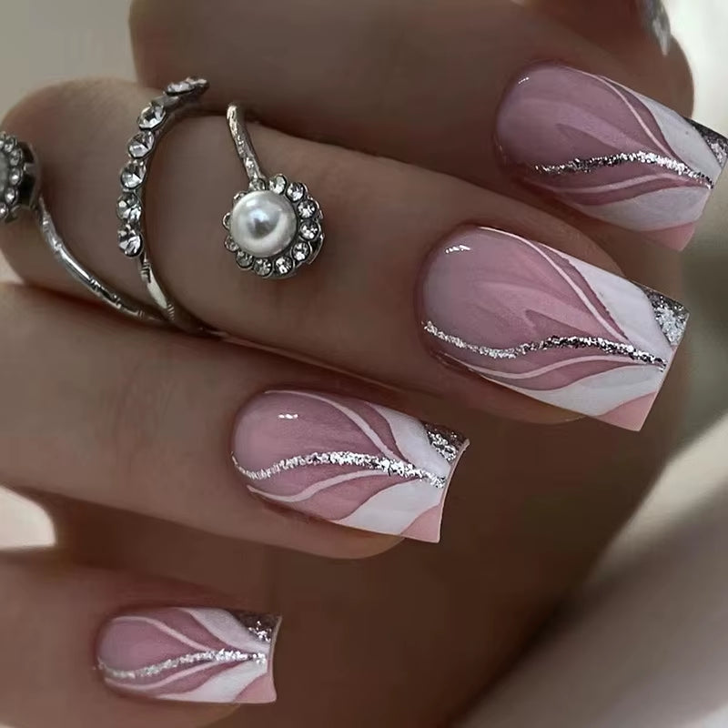 24Pcs/Set Short Square Fake Nails Fashion Geometric Nail Tips Blue Ocean Wave Stripe Glitter Flowers Press on False Nail Art Kit