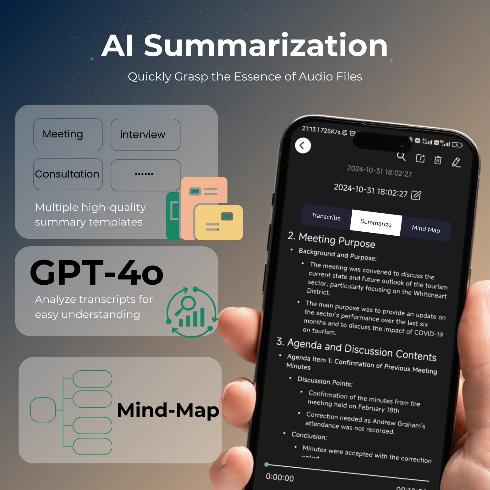AI Voice Recorder Transcription, Translation, Summary, Mind Mapping, Voice Activation 64GB Aluminum Dictaphone [AI Version]