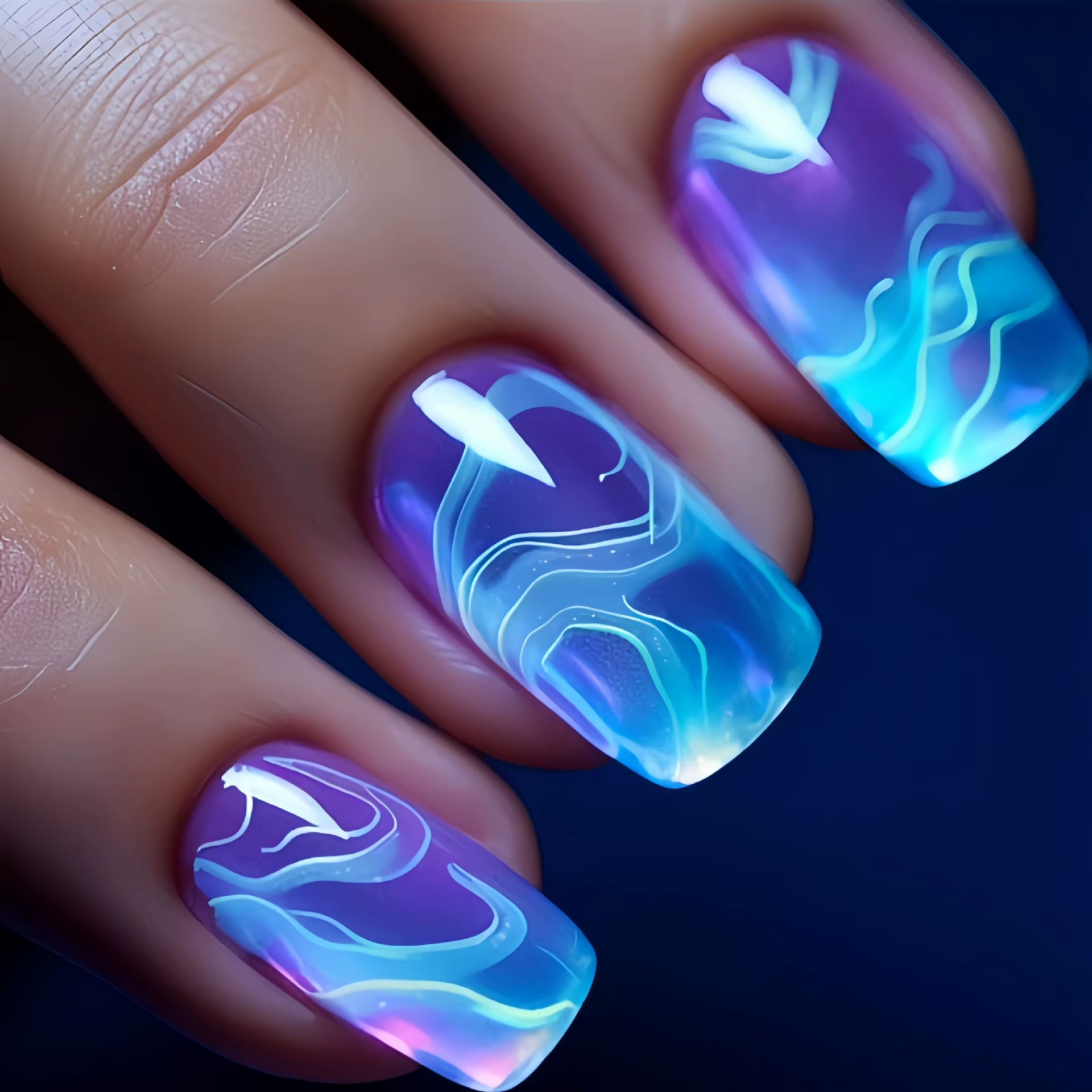 24Pcs/Set Short Square Fake Nails Fashion Geometric Nail Tips Blue Ocean Wave Stripe Glitter Flowers Press on False Nail Art Kit