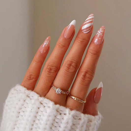 24 Pcs Snowflake Fake Nails Medium with White Nail Tips Designs, Almond Shaped Christmas Press on Nails Glossy Full Cover Glue on Nails with White Snowflakes Design for Women Girls