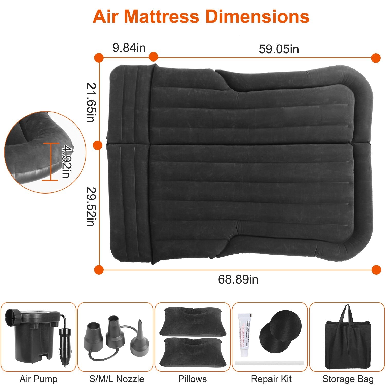 Inflatable Travel Car Mattress Air Bed Back Seat Sleep Rest Mat W/ 2 Pillow Pump