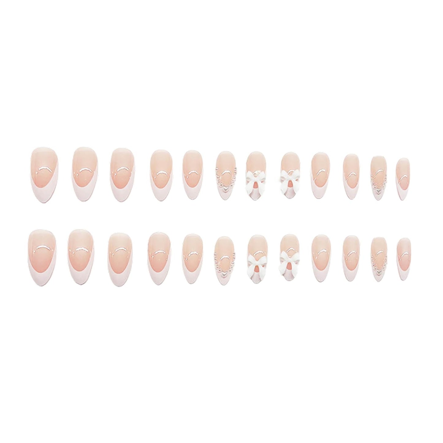Cute Press on Nails Short Almond  French Tip Fake Nails Nude Full Cover Pearl Bow Charm False Nails with Designs Glossy Glue on Nails Petite Acrylic Nails Artificial Nails for Women Girls 24Pcs
