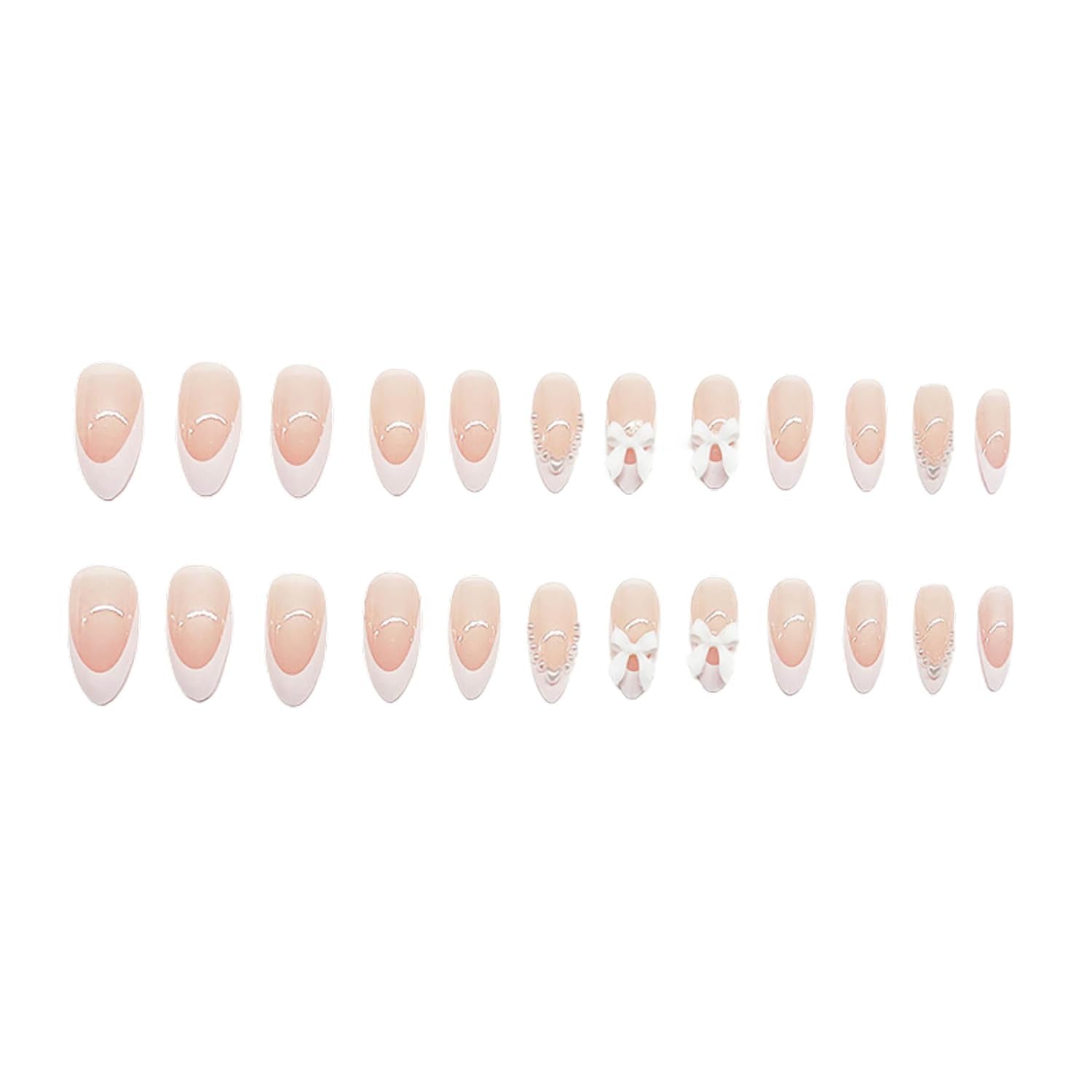 Cute Press on Nails Short Almond  French Tip Fake Nails Nude Full Cover Pearl Bow Charm False Nails with Designs Glossy Glue on Nails Petite Acrylic Nails Artificial Nails for Women Girls 24Pcs