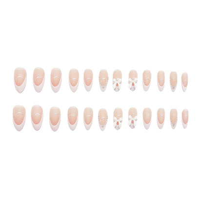 Cute Press on Nails Short Almond  French Tip Fake Nails Nude Full Cover Pearl Bow Charm False Nails with Designs Glossy Glue on Nails Petite Acrylic Nails Artificial Nails for Women Girls 24Pcs