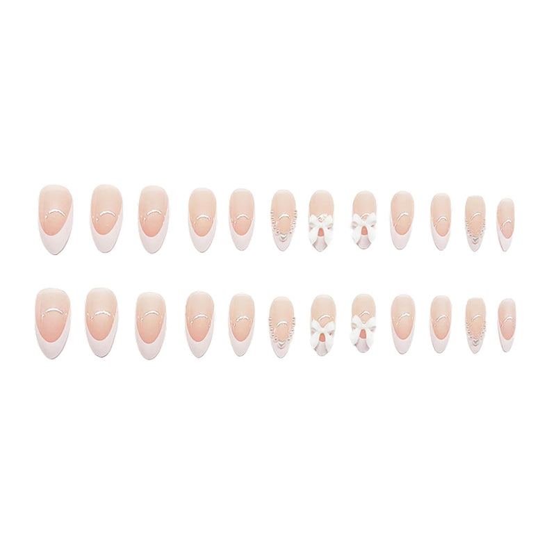 Cute Press on Nails Short Almond  French Tip Fake Nails Nude Full Cover Pearl Bow Charm False Nails with Designs Glossy Glue on Nails Petite Acrylic Nails Artificial Nails for Women Girls 24Pcs