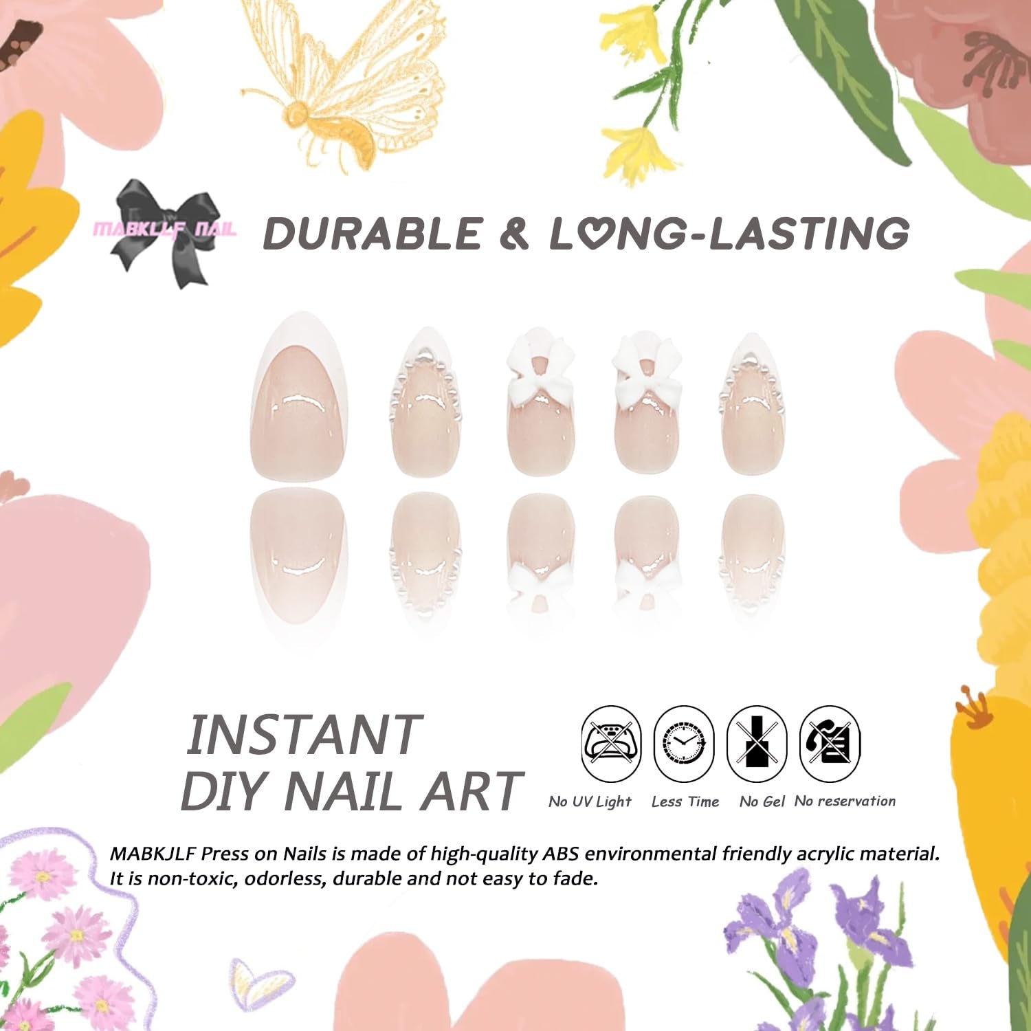 Cute Press on Nails Short Almond  French Tip Fake Nails Nude Full Cover Pearl Bow Charm False Nails with Designs Glossy Glue on Nails Petite Acrylic Nails Artificial Nails for Women Girls 24Pcs