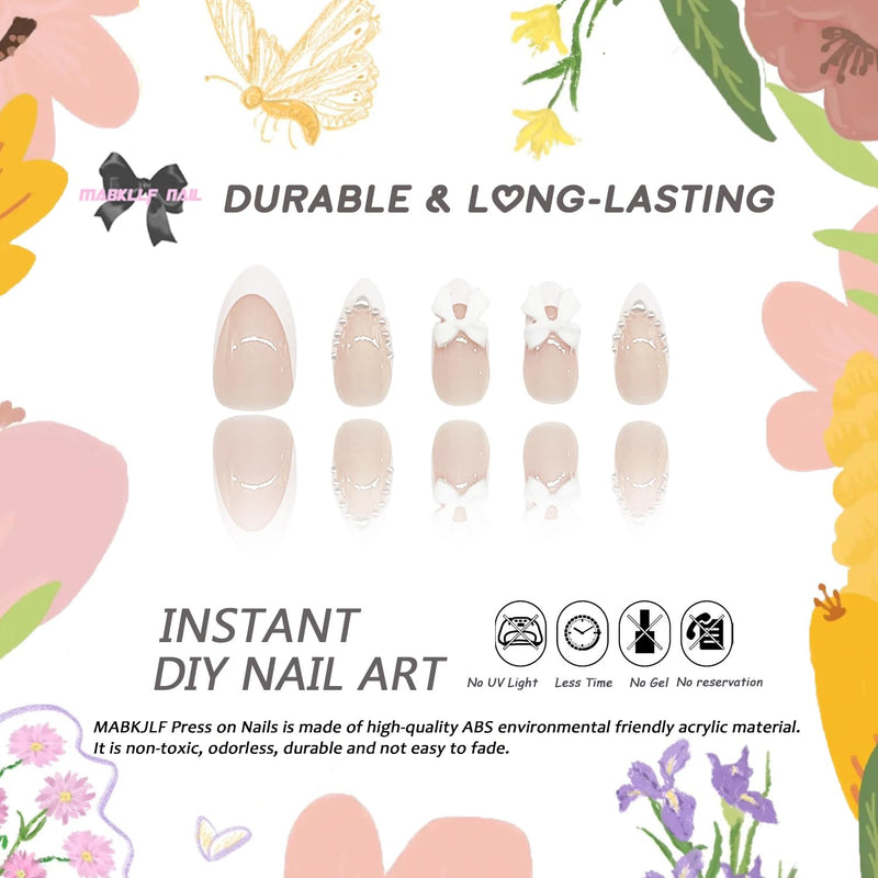 Cute Press on Nails Short Almond  French Tip Fake Nails Nude Full Cover Pearl Bow Charm False Nails with Designs Glossy Glue on Nails Petite Acrylic Nails Artificial Nails for Women Girls 24Pcs