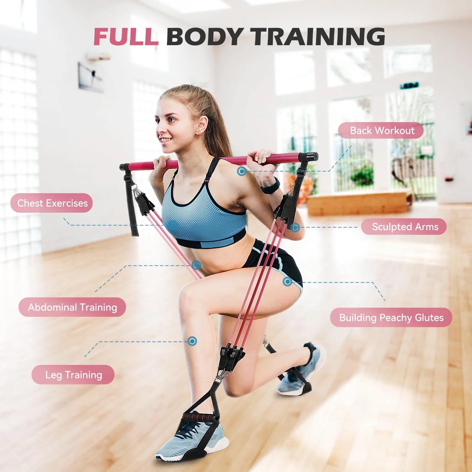 Pilates Bar Kit with Resistance Bands,Pilates Bar with Stackable Bands Workout Equipment for Legs,Hip,Waist and Arm,Exercise Fitness Equipment for Women & Men Home Gym Yoga Pilates