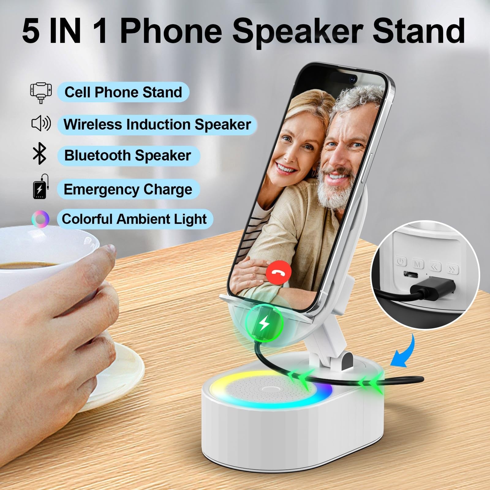 Wireless Induction Audio Bluetooth Speaker 5In1 Phone Holder Emergency Rechar...