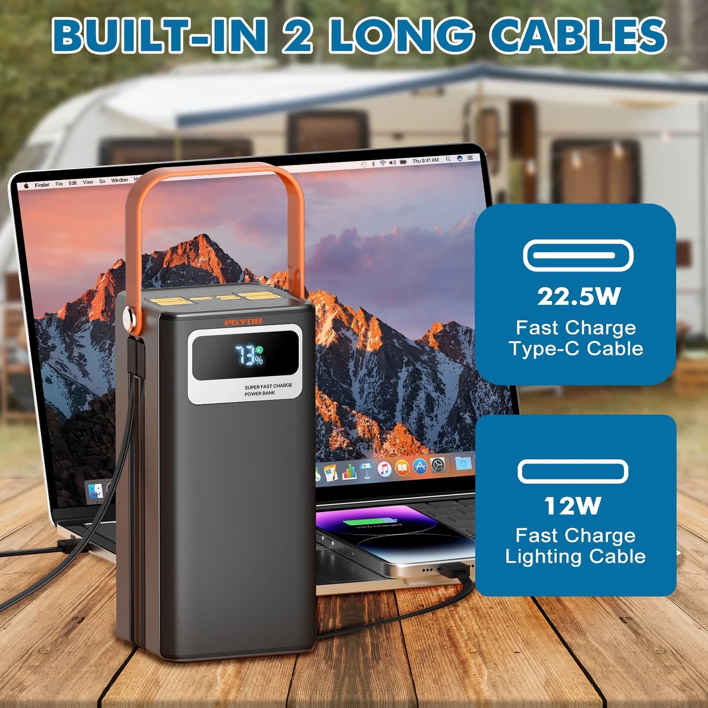 27000Mah Portable Charger Power Bank with Built-In Cables, 22.5W PD Fast Charge & Solar Input,  99Wh for Iphone Android Home Camping Emergency