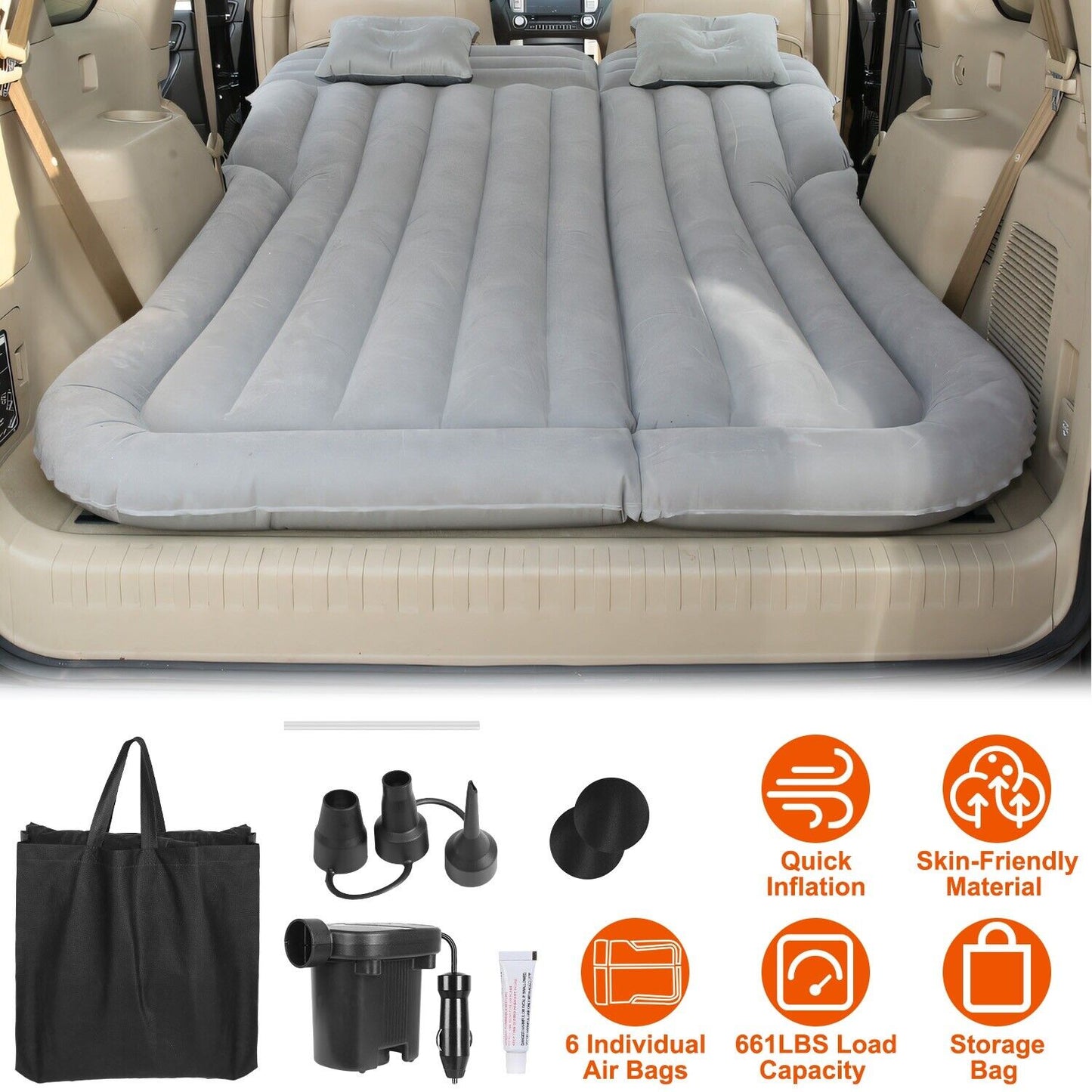 Inflatable Travel Car Mattress Air Bed Back Seat Sleep Rest Mat W/ 2 Pillow Pump