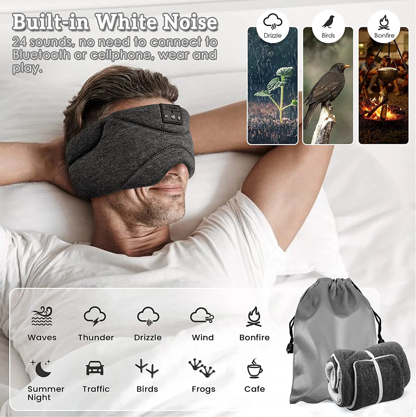 Bluetooth Sleep Mask with Headphones 24 White Noise Ice-Feeling Extra Soft Modal Lining Blackout Sleep Eye Mask Ultra-Thin Sleep Headphones