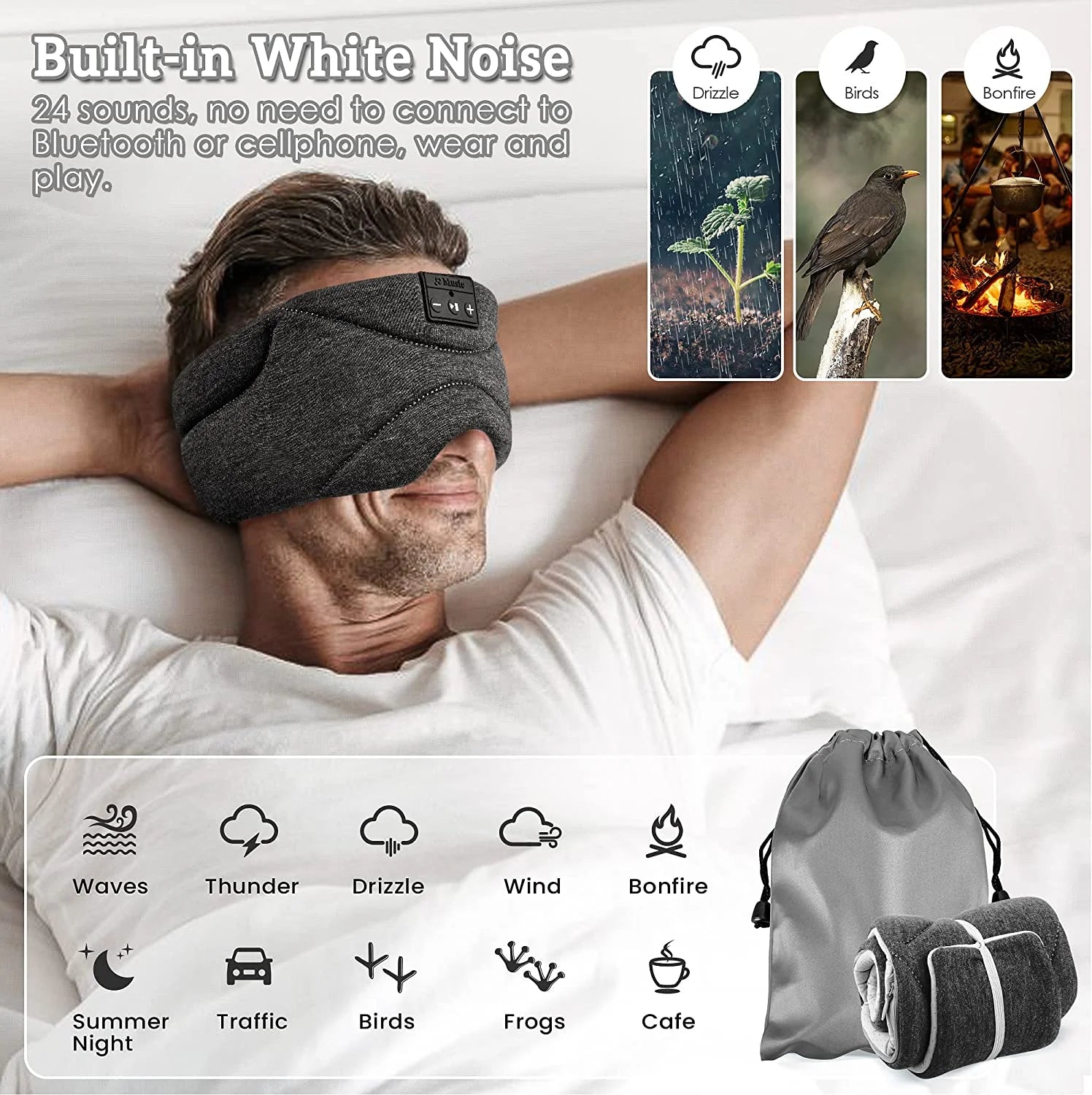 Bluetooth Sleep Mask with Headphones 24 White Noise Ice-Feeling Extra Soft Modal Lining Blackout Sleep Eye Mask Ultra-Thin Sleep Headphones