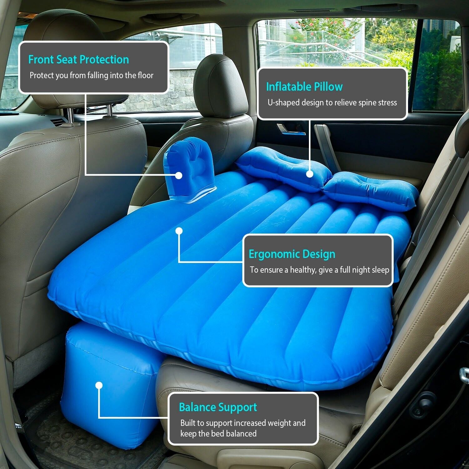 Inflatable Travel Car Mattress Air Bed Back Seat Sleep Rest Mat W/ 2 Pillow Pump