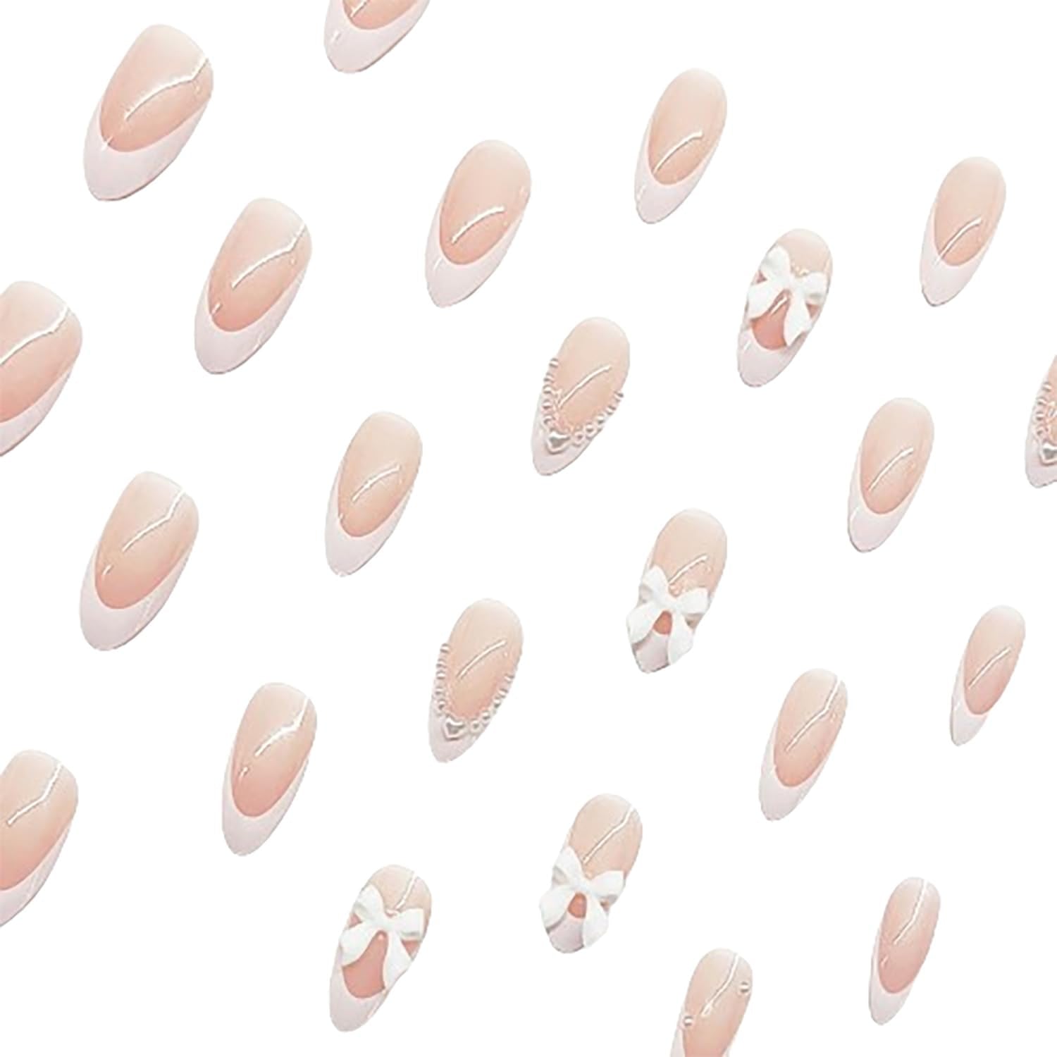 Cute Press on Nails Short Almond  French Tip Fake Nails Nude Full Cover Pearl Bow Charm False Nails with Designs Glossy Glue on Nails Petite Acrylic Nails Artificial Nails for Women Girls 24Pcs