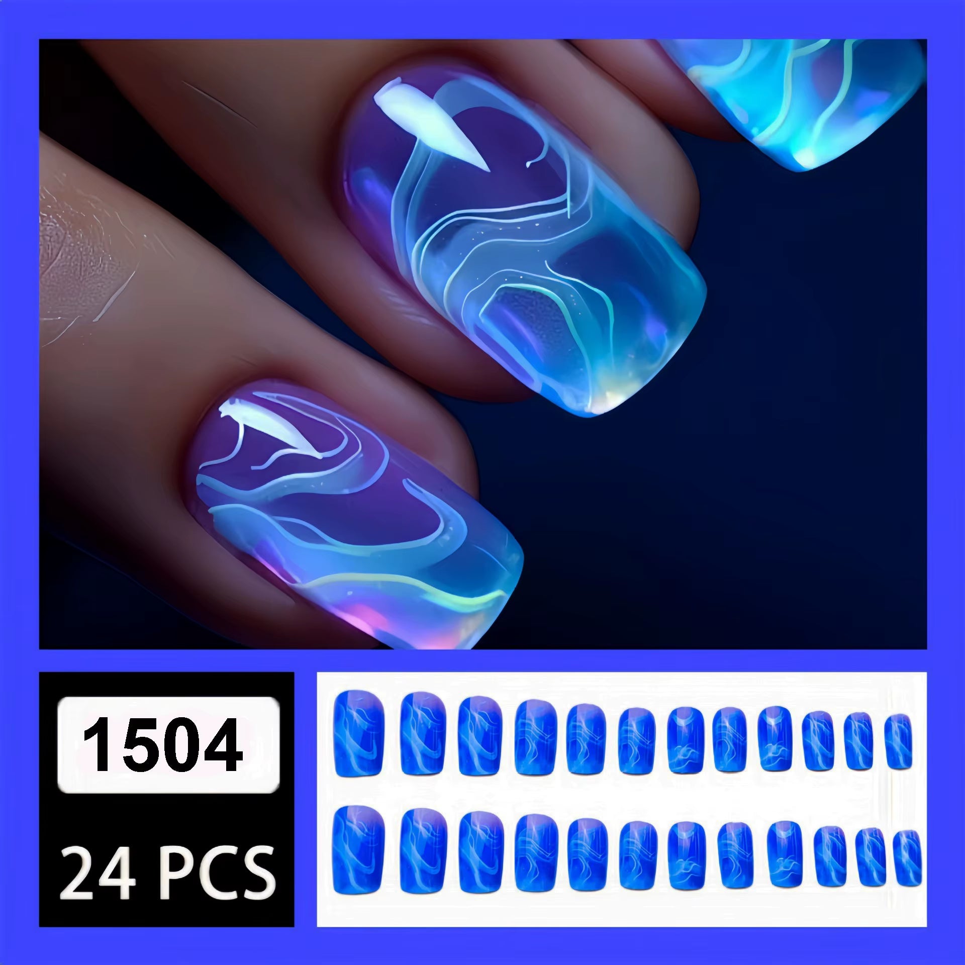 24Pcs/Set Short Square Fake Nails Fashion Geometric Nail Tips Blue Ocean Wave Stripe Glitter Flowers Press on False Nail Art Kit