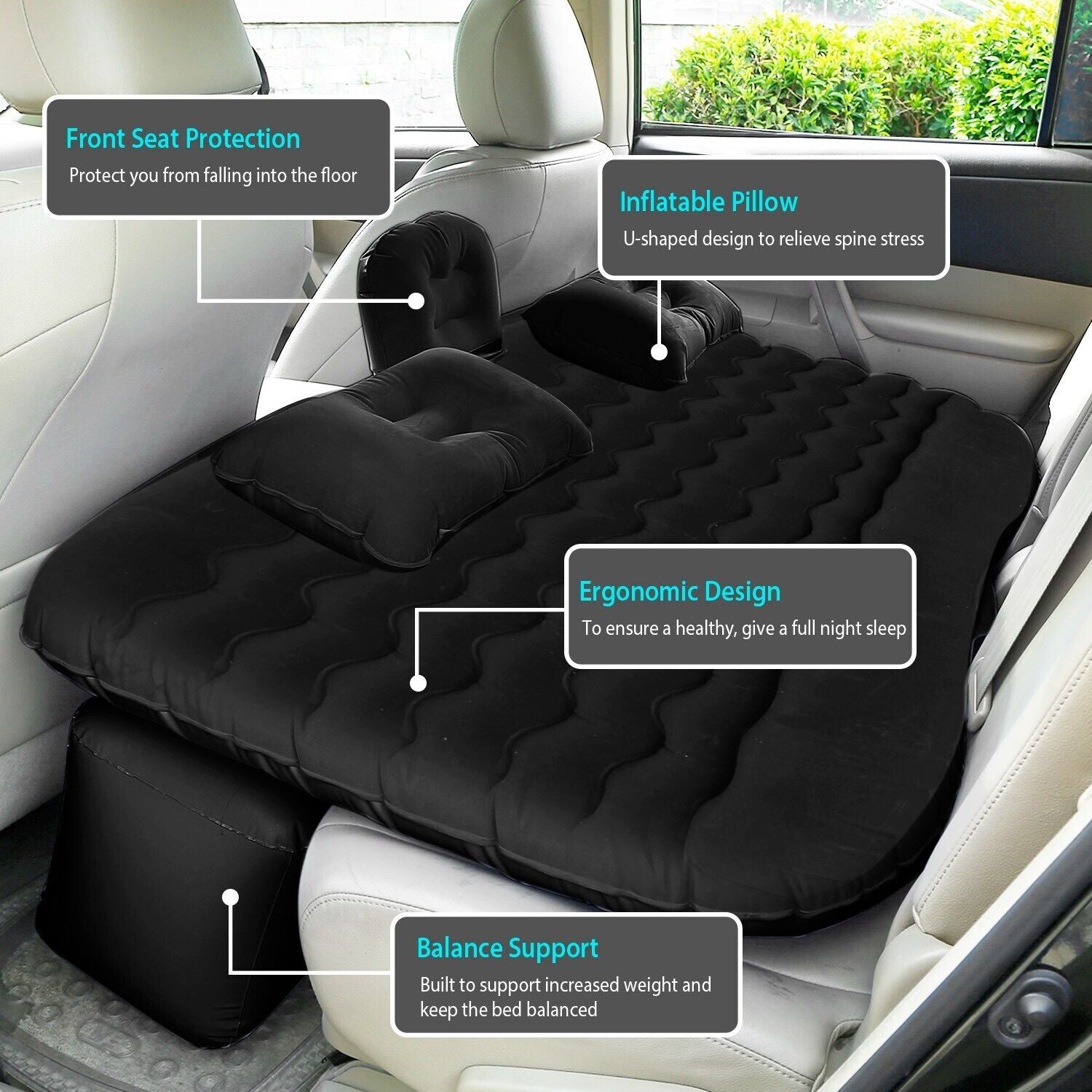 Inflatable Travel Car Mattress Air Bed Back Seat Sleep Rest Mat W/ 2 Pillow Pump