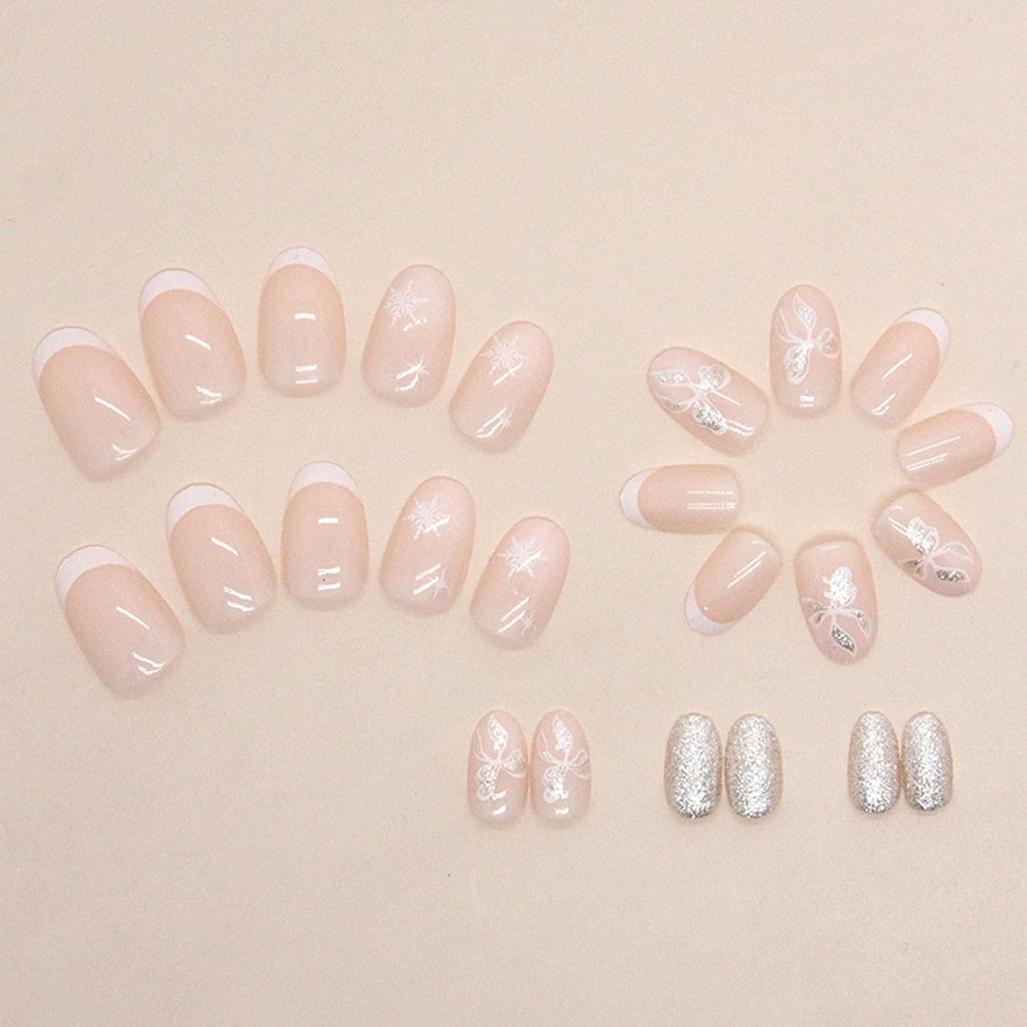 Press on Nails Short Oval White French Tip Fake Nails Snowflake Glitter Butterfly with Designs Glue on Nails Short Oval Acrylic False Nails for Women 24 Pcs