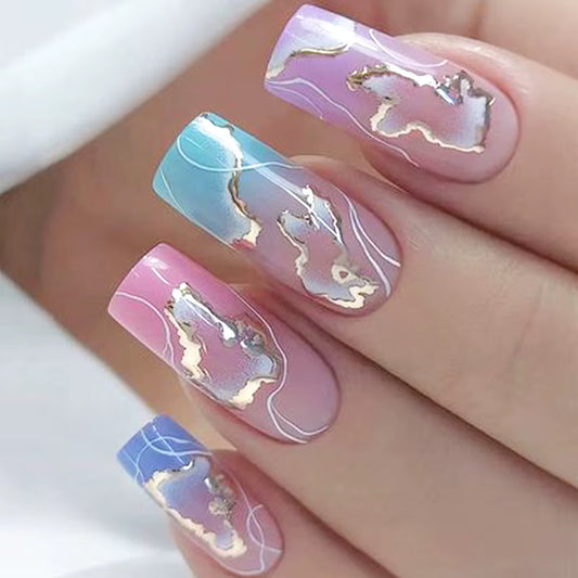 24Pcs/Set Short Square Fake Nails Fashion Geometric Nail Tips Blue Ocean Wave Stripe Glitter Flowers Press on False Nail Art Kit