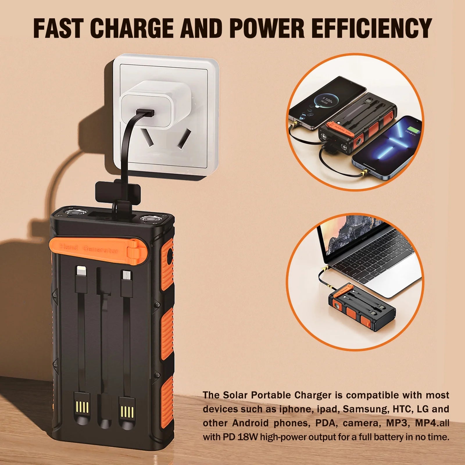 Power Bank Wireless Charger 49800Mah, 20W Fast Charging Power Bank for All Mobile Devices Three Inputs Solar Portable Charger with Dual Flashlights for Outdoor, Camping, Travel