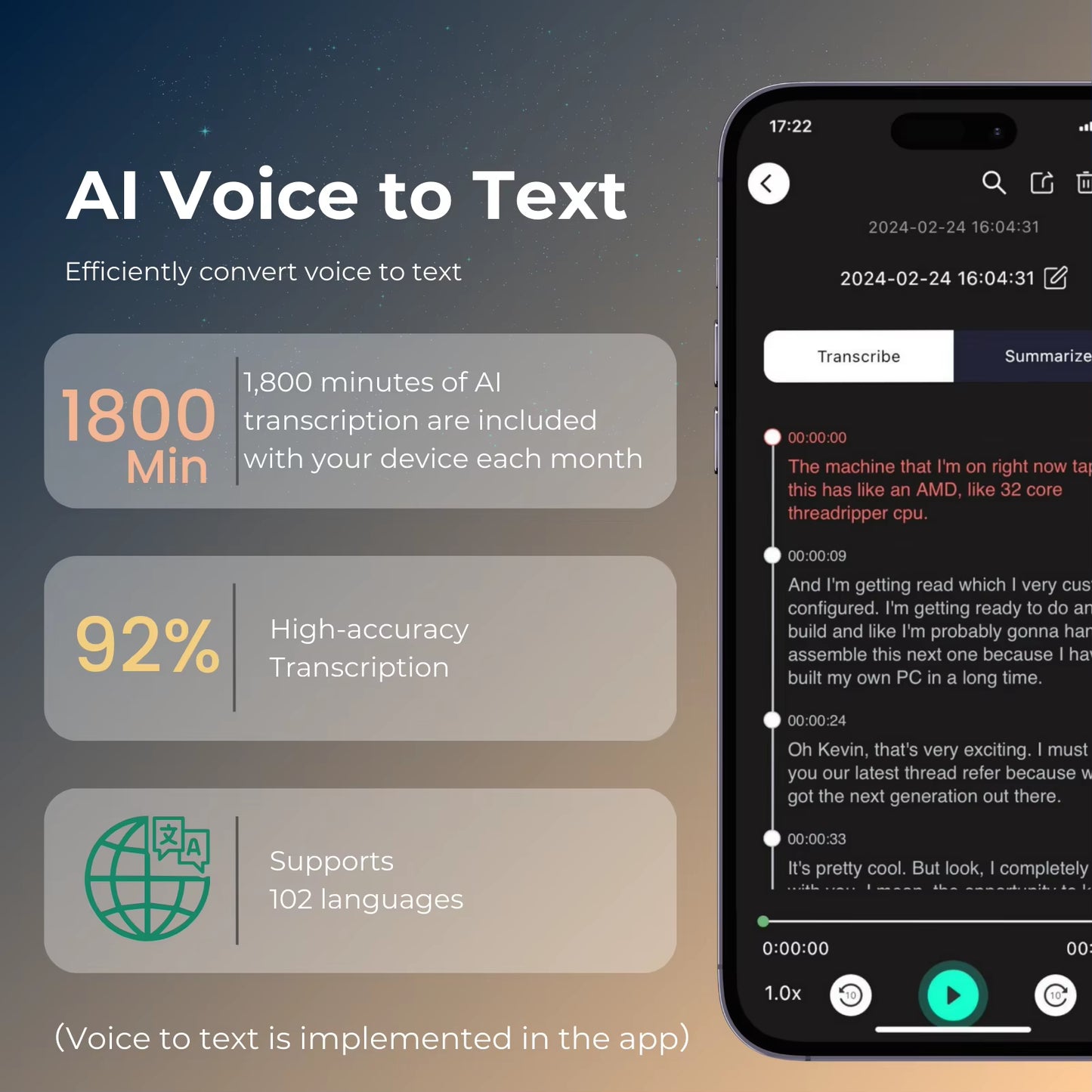 AI Voice Recorder Transcription, Translation, Summary, Mind Mapping, Voice Activation 64GB Aluminum Dictaphone [AI Version]