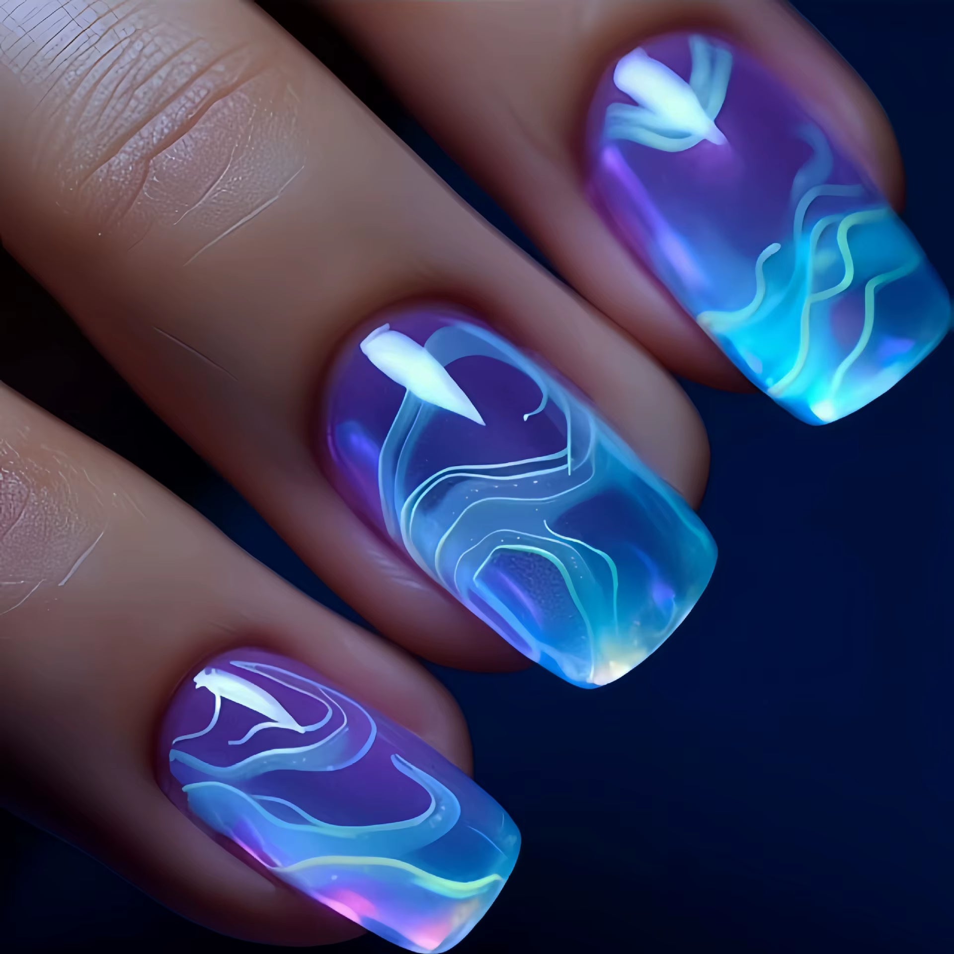 24Pcs/Set Short Square Fake Nails Fashion Geometric Nail Tips Blue Ocean Wave Stripe Glitter Flowers Press on False Nail Art Kit