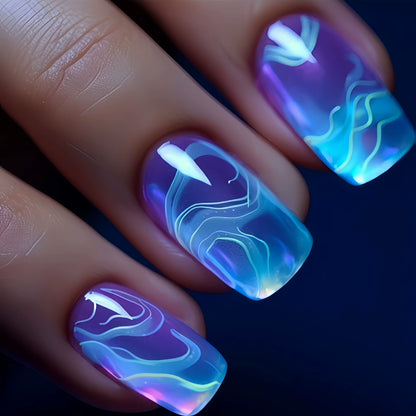 24Pcs/Set Short Square Fake Nails Fashion Geometric Nail Tips Blue Ocean Wave Stripe Glitter Flowers Press on False Nail Art Kit