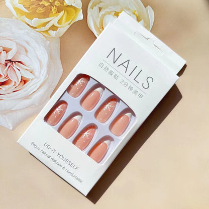 24 Pcs Snowflake Fake Nails Medium with White Nail Tips Designs, Almond Shaped Christmas Press on Nails Glossy Full Cover Glue on Nails with White Snowflakes Design for Women Girls