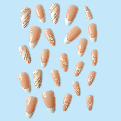 24 Pcs Snowflake Fake Nails Medium with White Nail Tips Designs, Almond Shaped Christmas Press on Nails Glossy Full Cover Glue on Nails with White Snowflakes Design for Women Girls