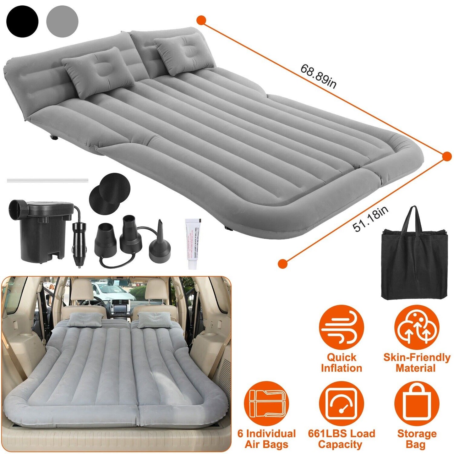 Inflatable Travel Car Mattress Air Bed Back Seat Sleep Rest Mat W/ 2 Pillow Pump