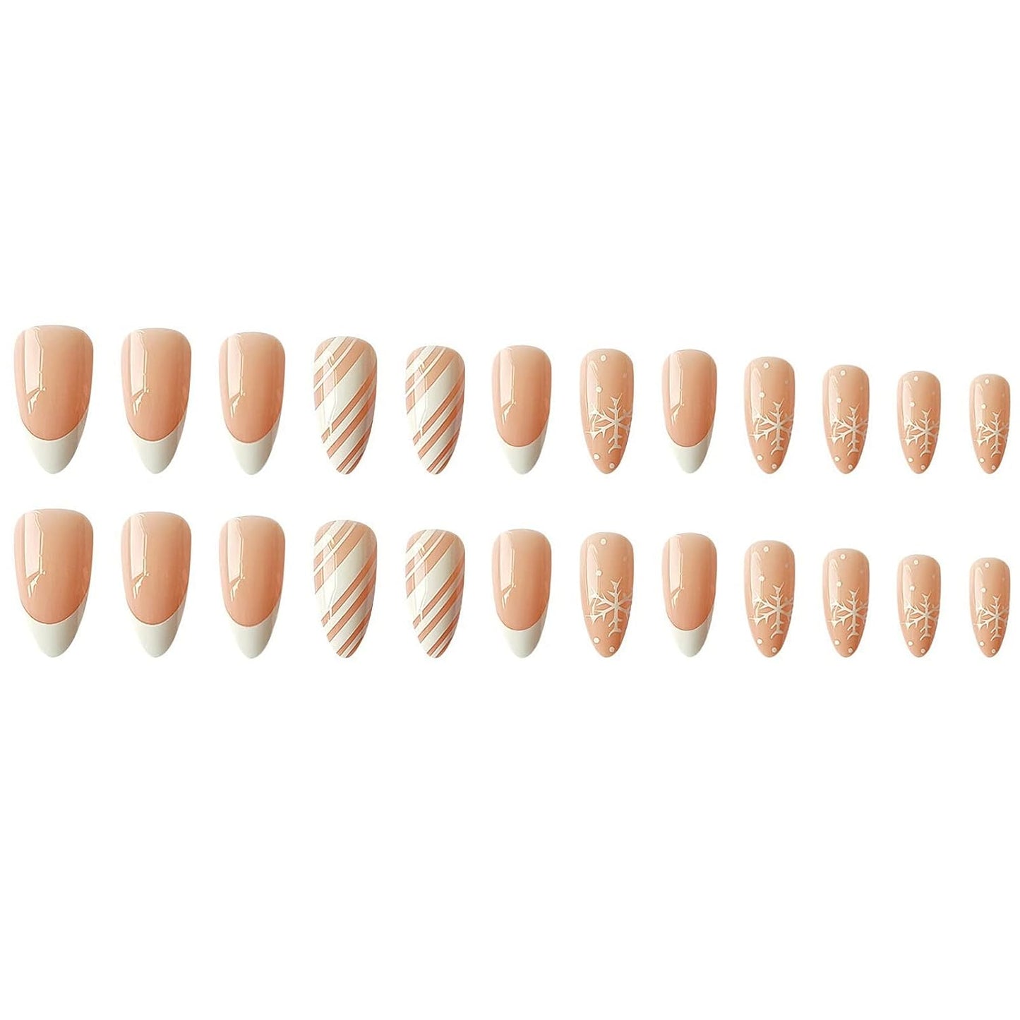 24 Pcs Snowflake Fake Nails Medium with White Nail Tips Designs, Almond Shaped Christmas Press on Nails Glossy Full Cover Glue on Nails with White Snowflakes Design for Women Girls