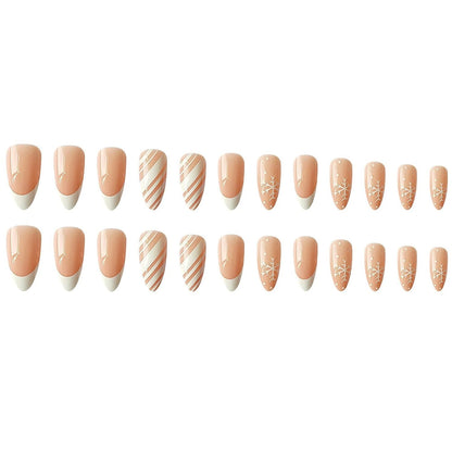 24 Pcs Snowflake Fake Nails Medium with White Nail Tips Designs, Almond Shaped Christmas Press on Nails Glossy Full Cover Glue on Nails with White Snowflakes Design for Women Girls