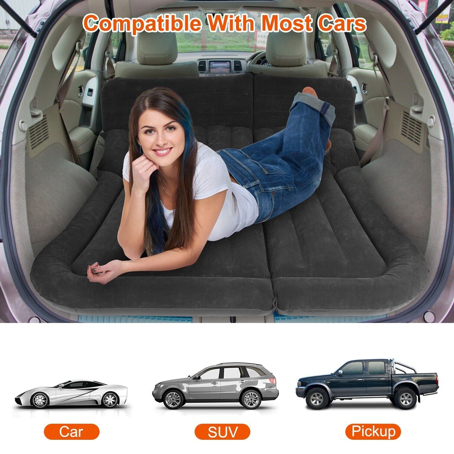 Inflatable Travel Car Mattress Air Bed Back Seat Sleep Rest Mat W/ 2 Pillow Pump