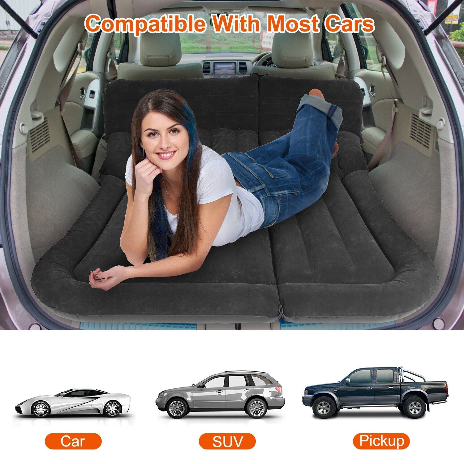 Inflatable Travel Car Mattress Air Bed Back Seat Sleep Rest Mat W/ 2 Pillow Pump