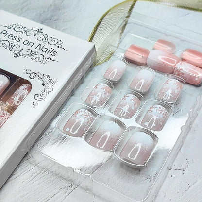 Christmas Press on Nails Short Square Fake Nails with White Snowflake Designs Glossy Gradient Winter Xmas Acrylic Nails Nude White Ombre Full Cover False Nails for Women Girls Manicure 24Pcs